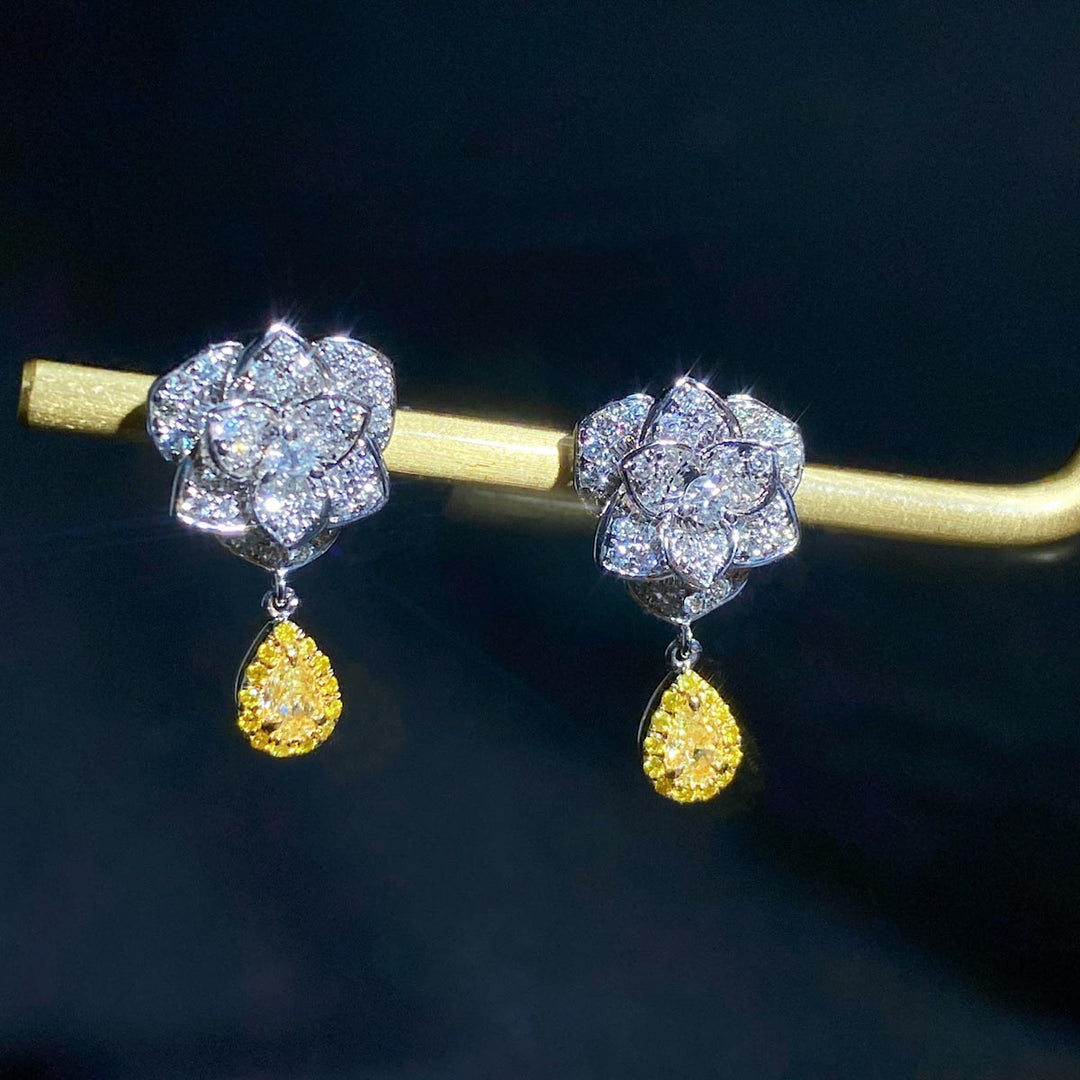Natural Yellow Diamond Flower Earring D0.209ct d0.397ct,18K Main Stone