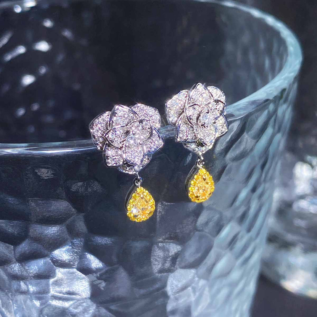 Natural Yellow Diamond Flower Earring D0.209ct d0.397ct,18K Main Stone