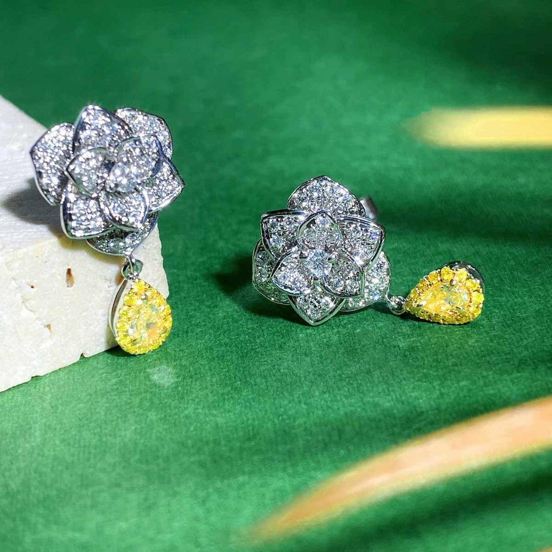 Natural Yellow Diamond Flower Earring D0.209ct d0.397ct,18K Main Stone