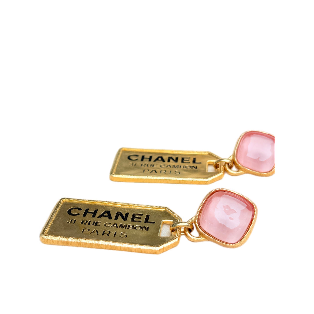 Chanel 21V Cambon Gold with Pink Stone Drop Earrings