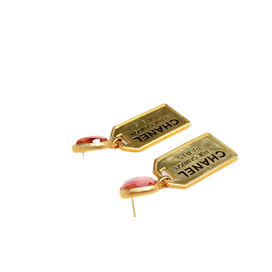 Chanel 21V Cambon Gold with Pink Stone Drop Earrings
