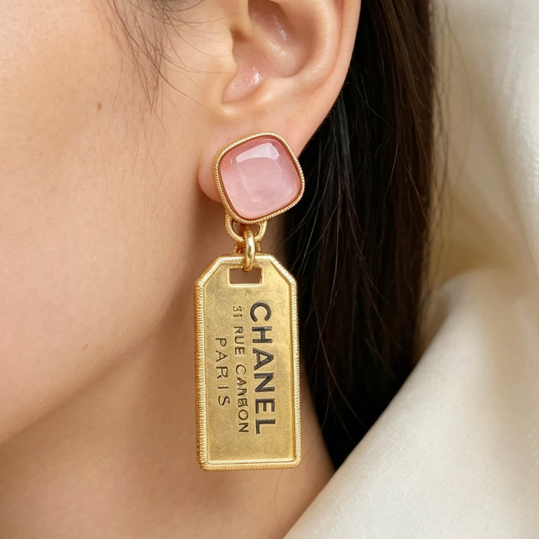 Chanel 21V Cambon Gold with Pink Stone Drop Earrings