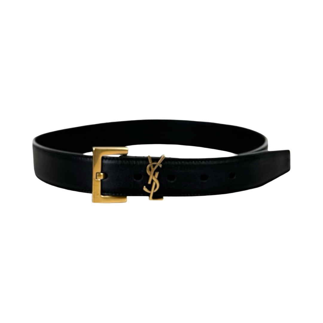 YSL Black Leather Belt 70cm