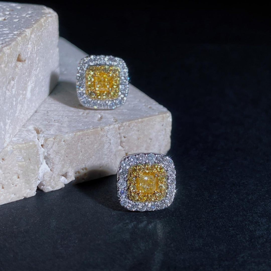 Natural Yellow Diamond Cushion Earring D0.50ct,18K