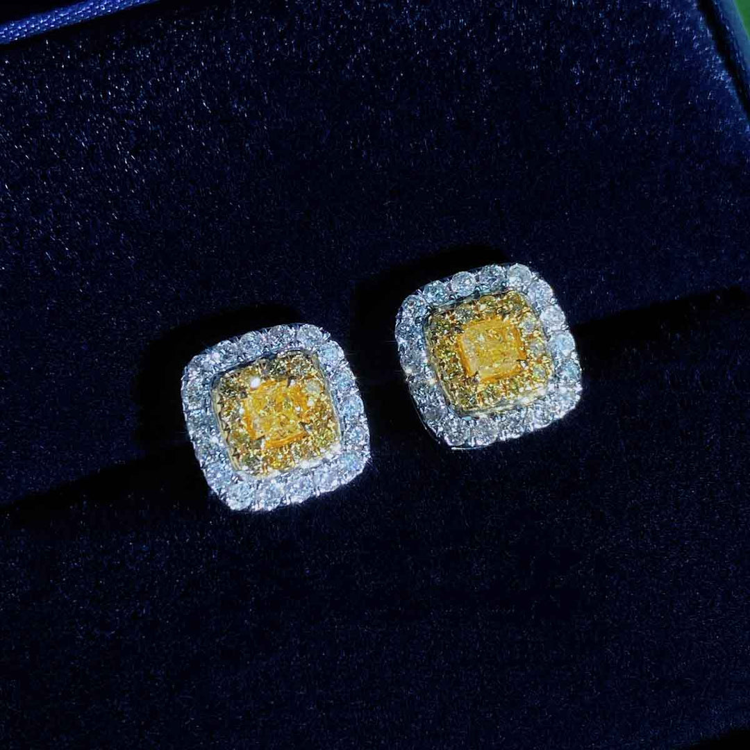 Natural Yellow Diamond Cushion Earring D0.50ct,18K