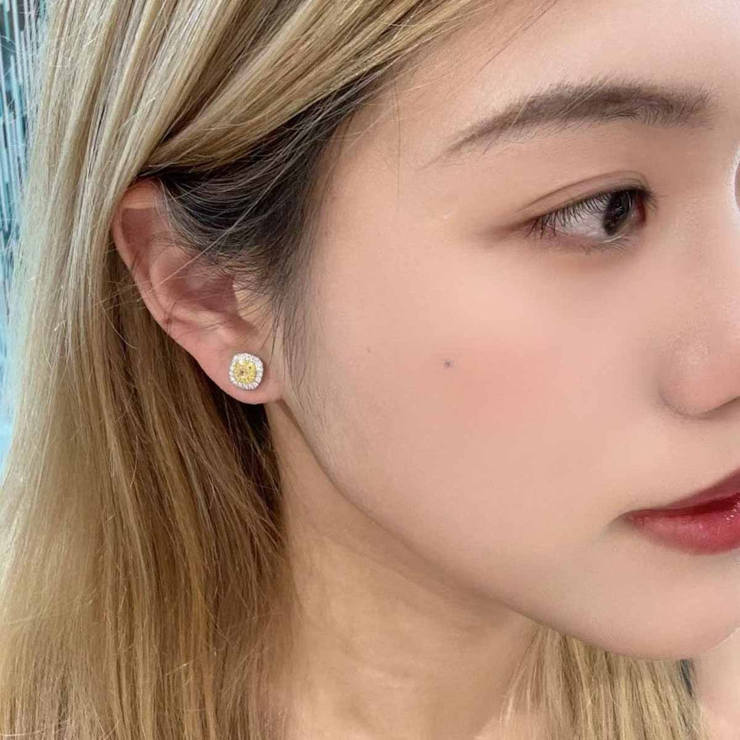 Natural Yellow Diamond Cushion Earring D0.50ct,18K