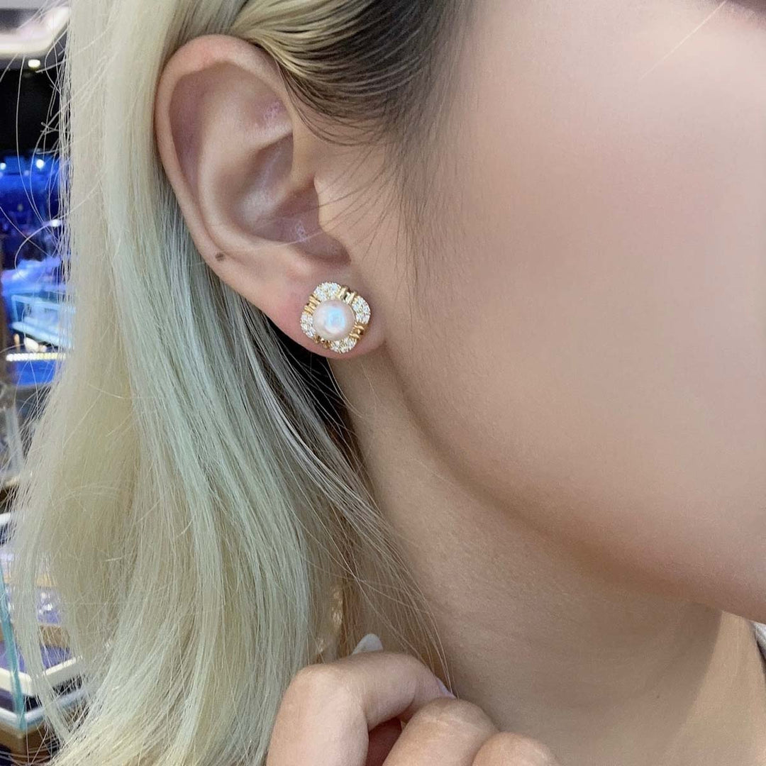 Natural Akoya Pearl Diamond Earrings 8-9mm d0.396ct, 18K