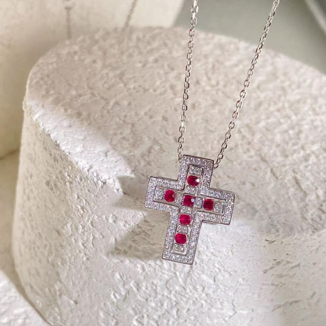 Pigeon Blood Ruby Cross Diamond Necklace D0.28 d0.20ct 18K Gold