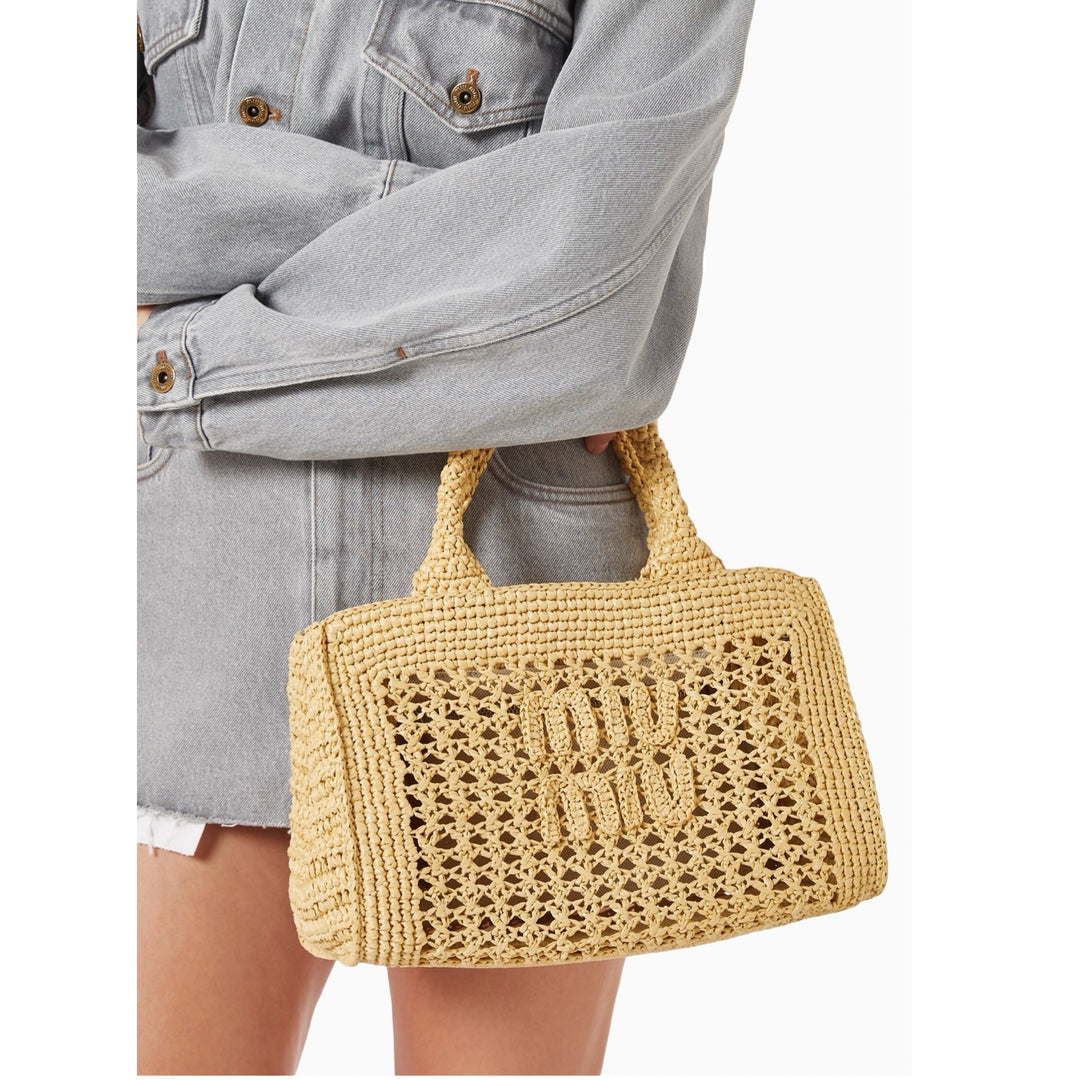 Miumiu Neutral Raffia Crochet Tote Bag