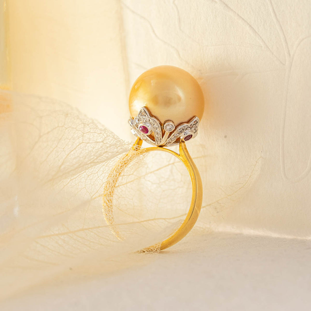 Natural South Sea Gold Pearl Diamond Ring 13.1mm d0.232ct,18K