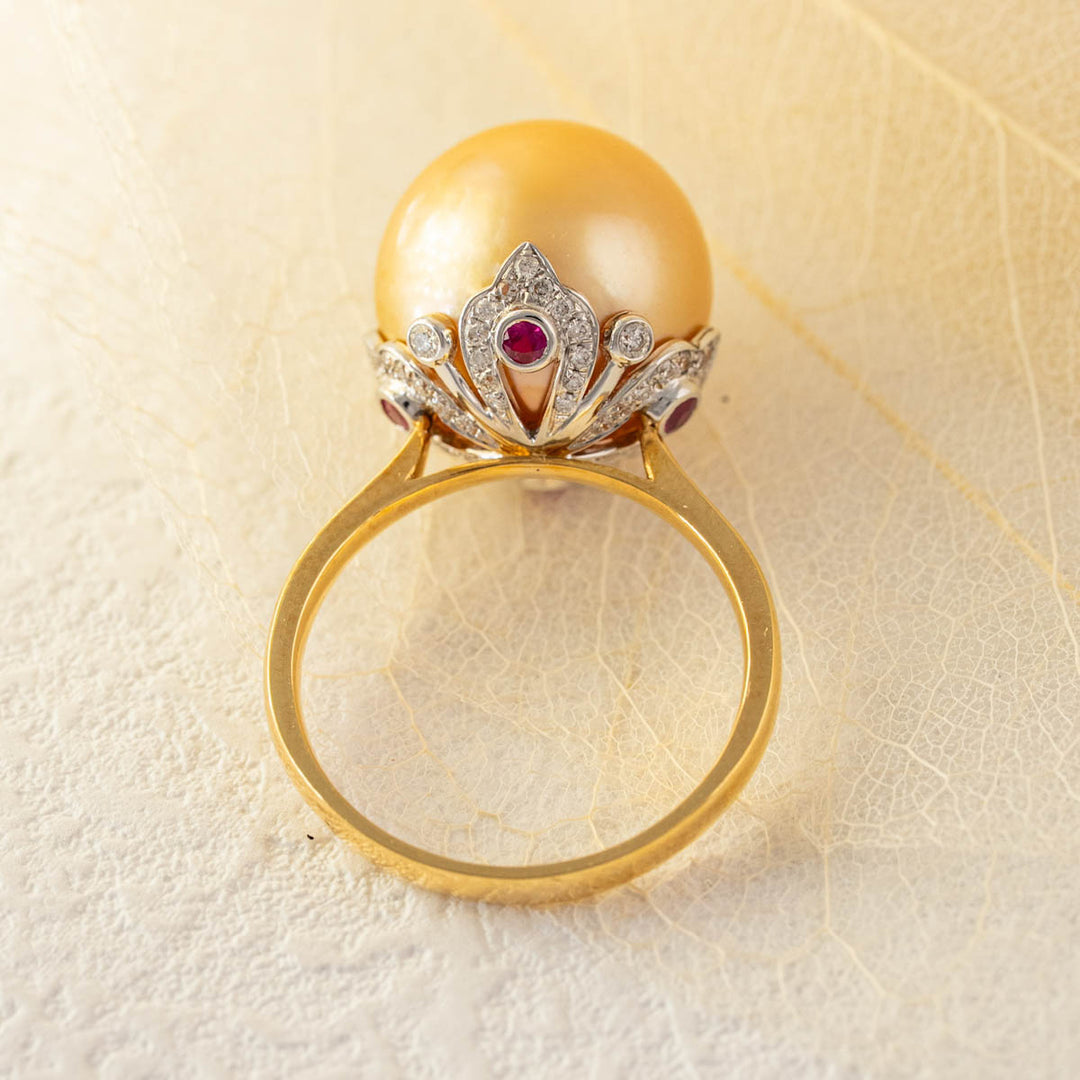 Natural South Sea Gold Pearl Diamond Ring 13.1mm d0.232ct,18K