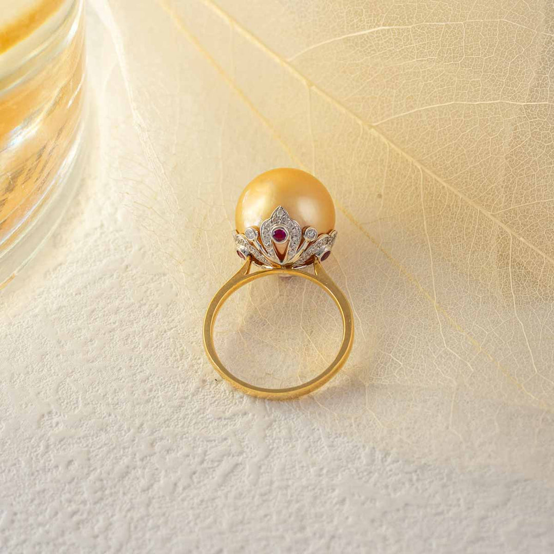 Natural South Sea Gold Pearl Diamond Ring 13.1mm d0.232ct,18K