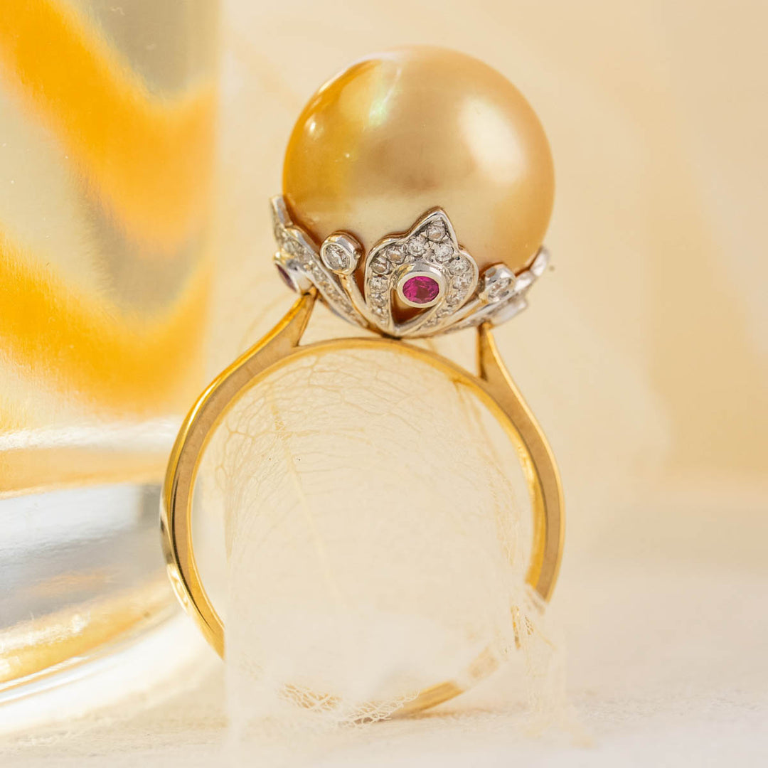Natural South Sea Gold Pearl Diamond Ring 13.1mm d0.232ct,18K