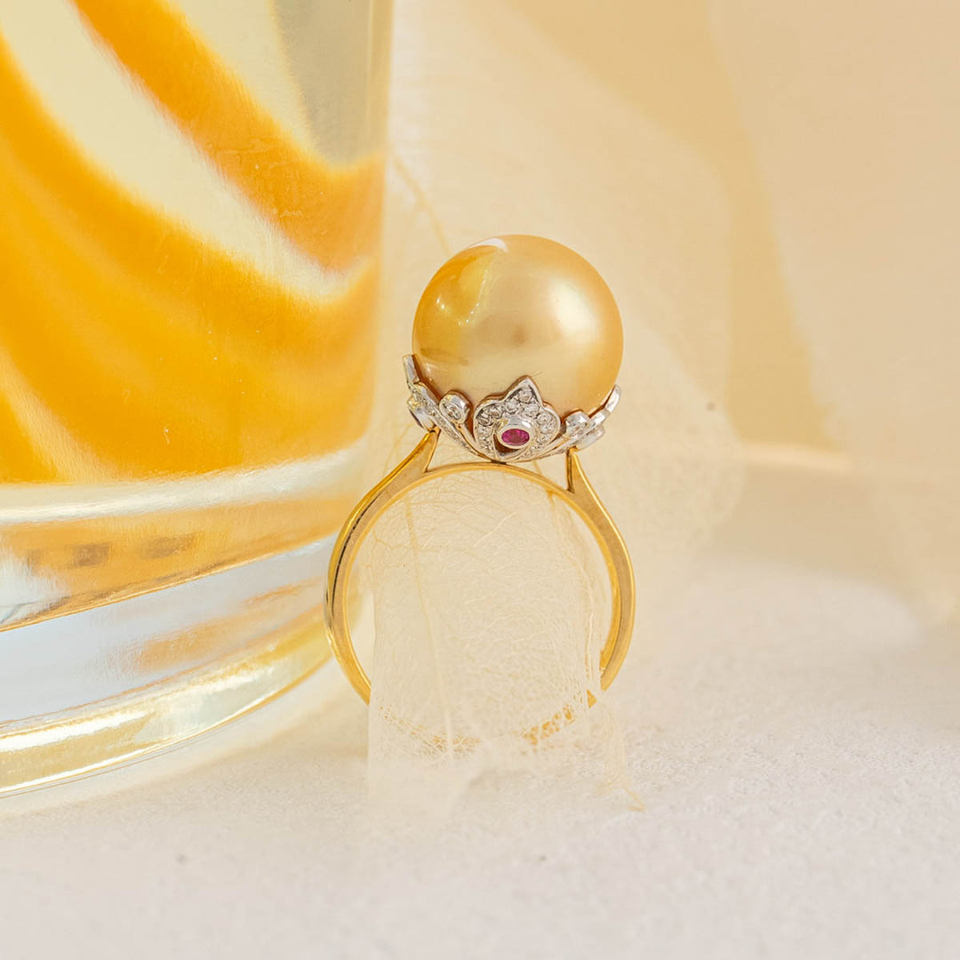 Natural South Sea Gold Pearl Diamond Ring 13.1mm d0.232ct,18K