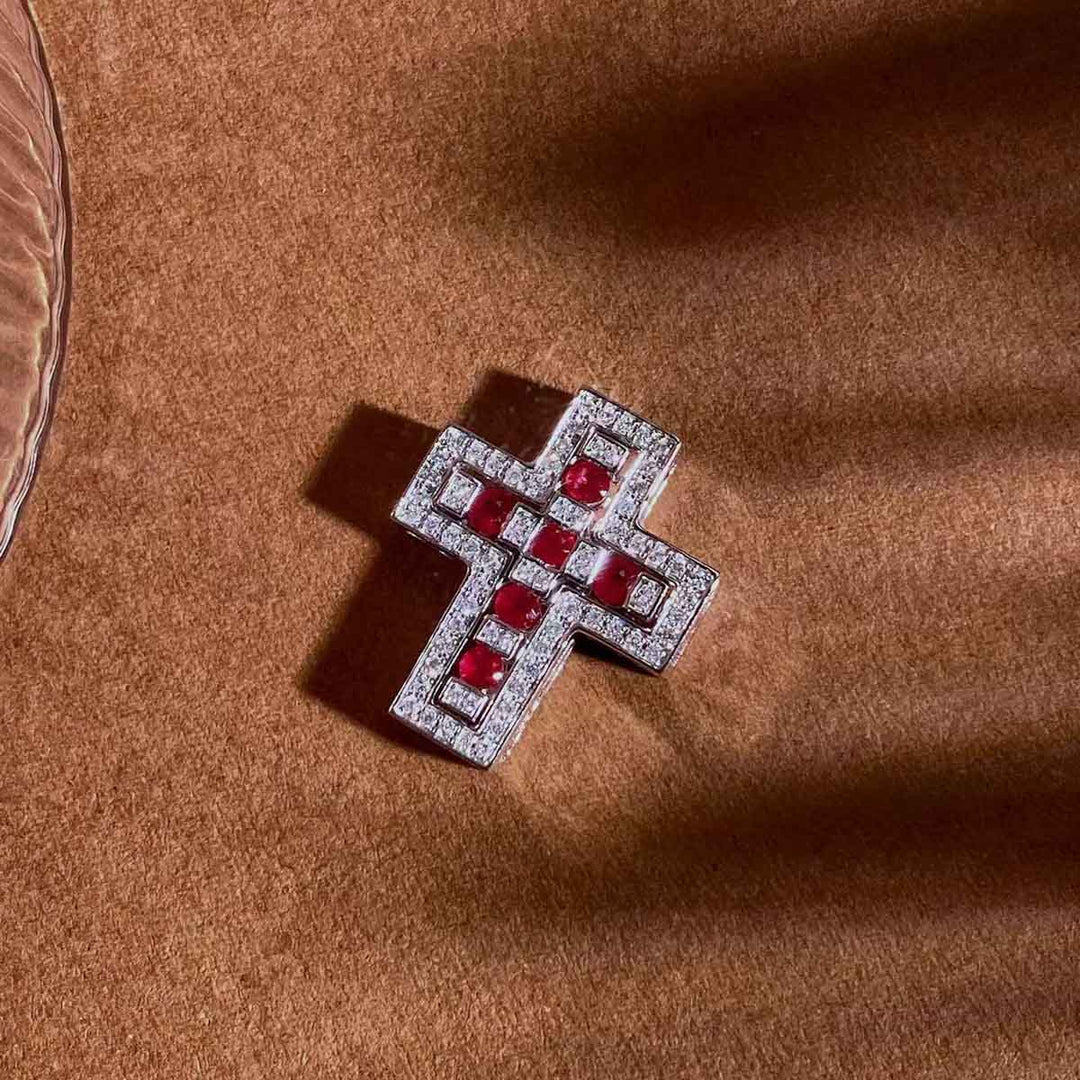 Pigeon Blood Ruby Cross Diamond Necklace D0.28 d0.20ct 18K Gold