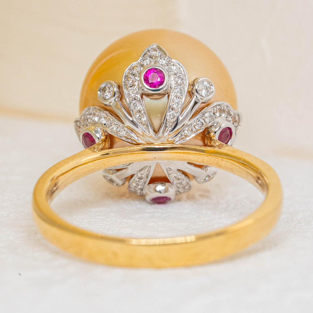 Natural South Sea Gold Pearl Diamond Ring 13.1mm d0.232ct,18K