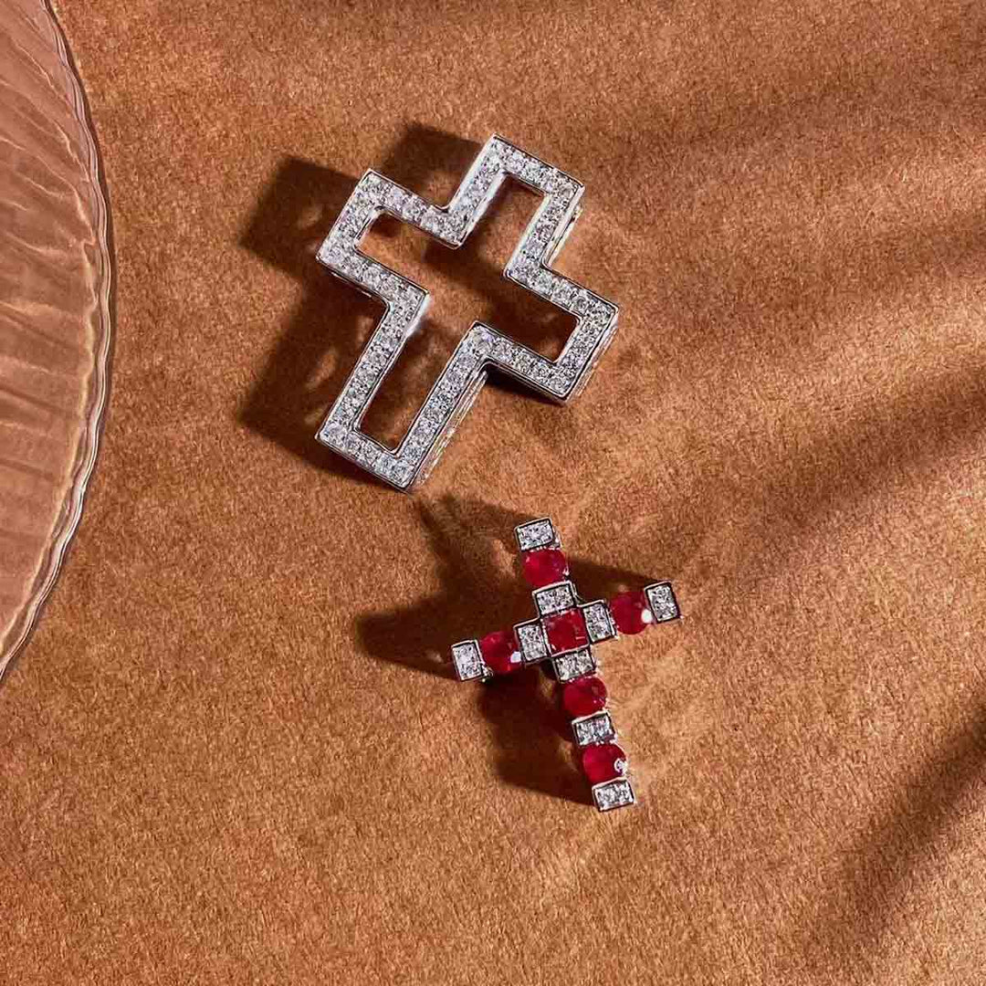 Pigeon Blood Ruby Cross Diamond Necklace D0.28 d0.20ct 18K Gold