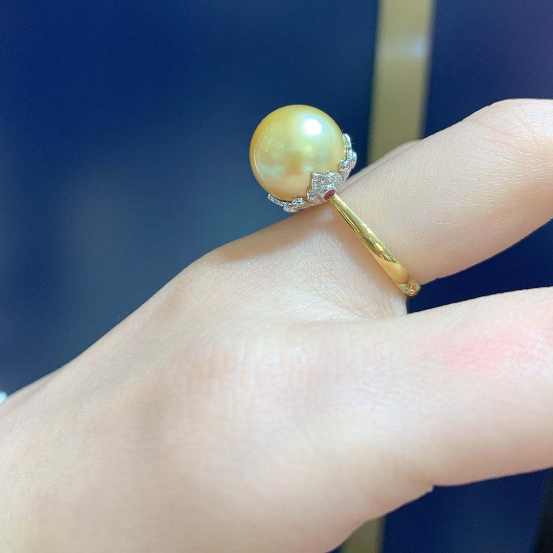 Natural South Sea Gold Pearl Diamond Ring 13.1mm d0.232ct,18K
