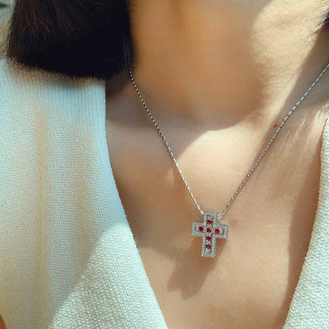 Pigeon Blood Ruby Cross Diamond Necklace D0.28 d0.20ct 18K Gold