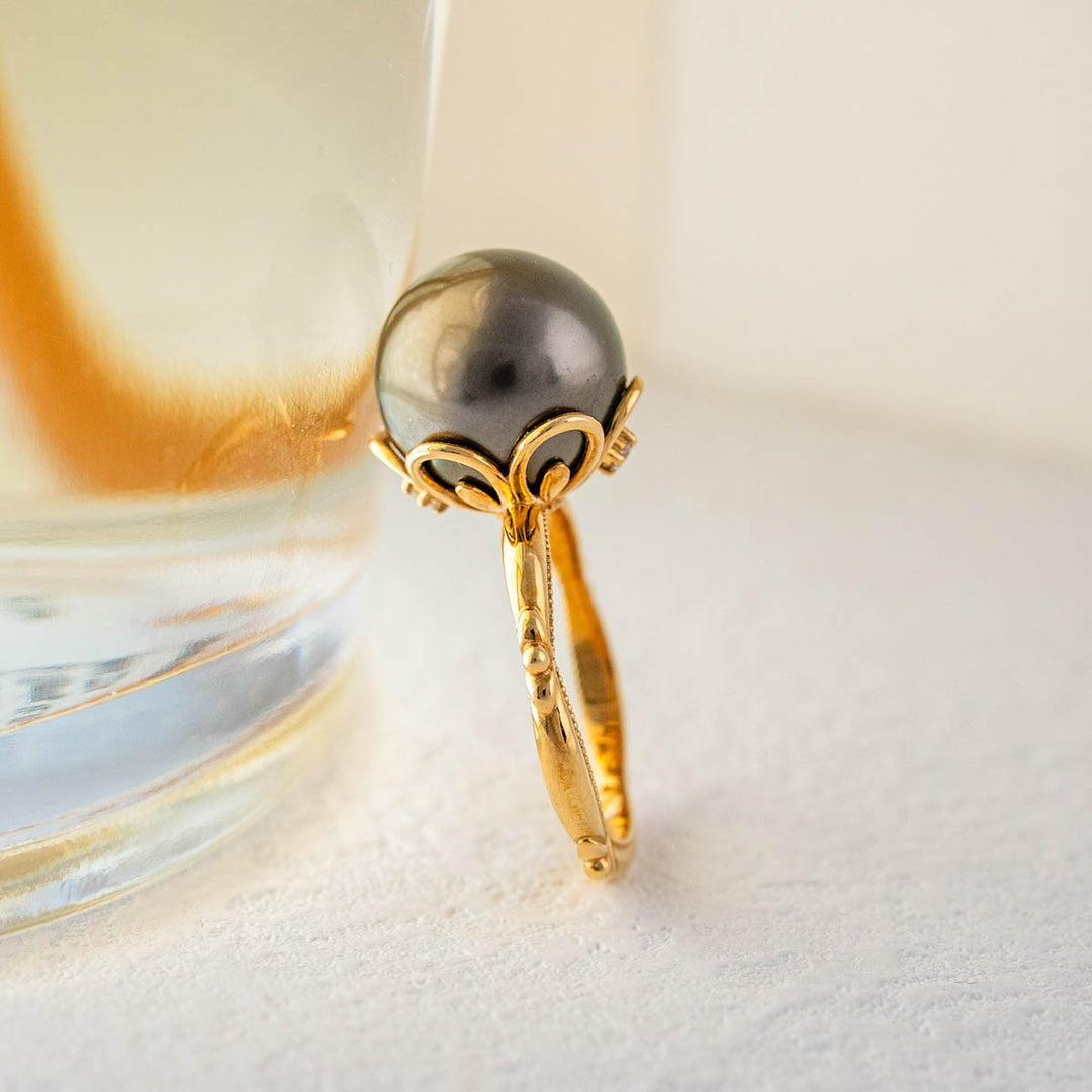 Natural Tahitian Black Pearl Diamond Ring 12.4mm,18K