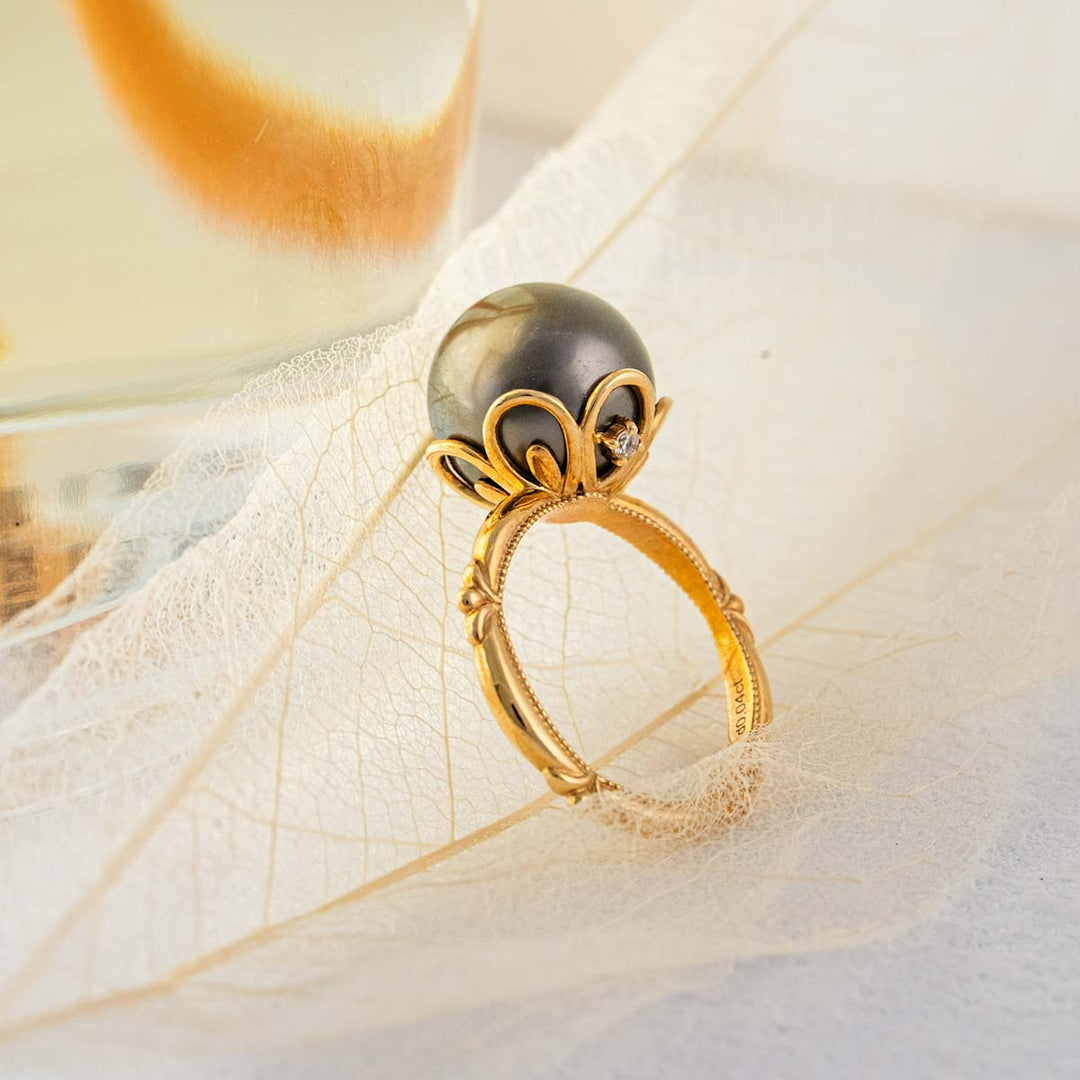 Natural Tahitian Black Pearl Diamond Ring 12.4mm,18K