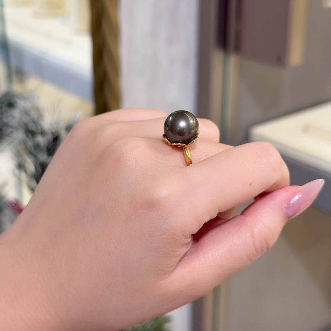 Natural Tahitian Black Pearl Diamond Ring 12.4mm,18K