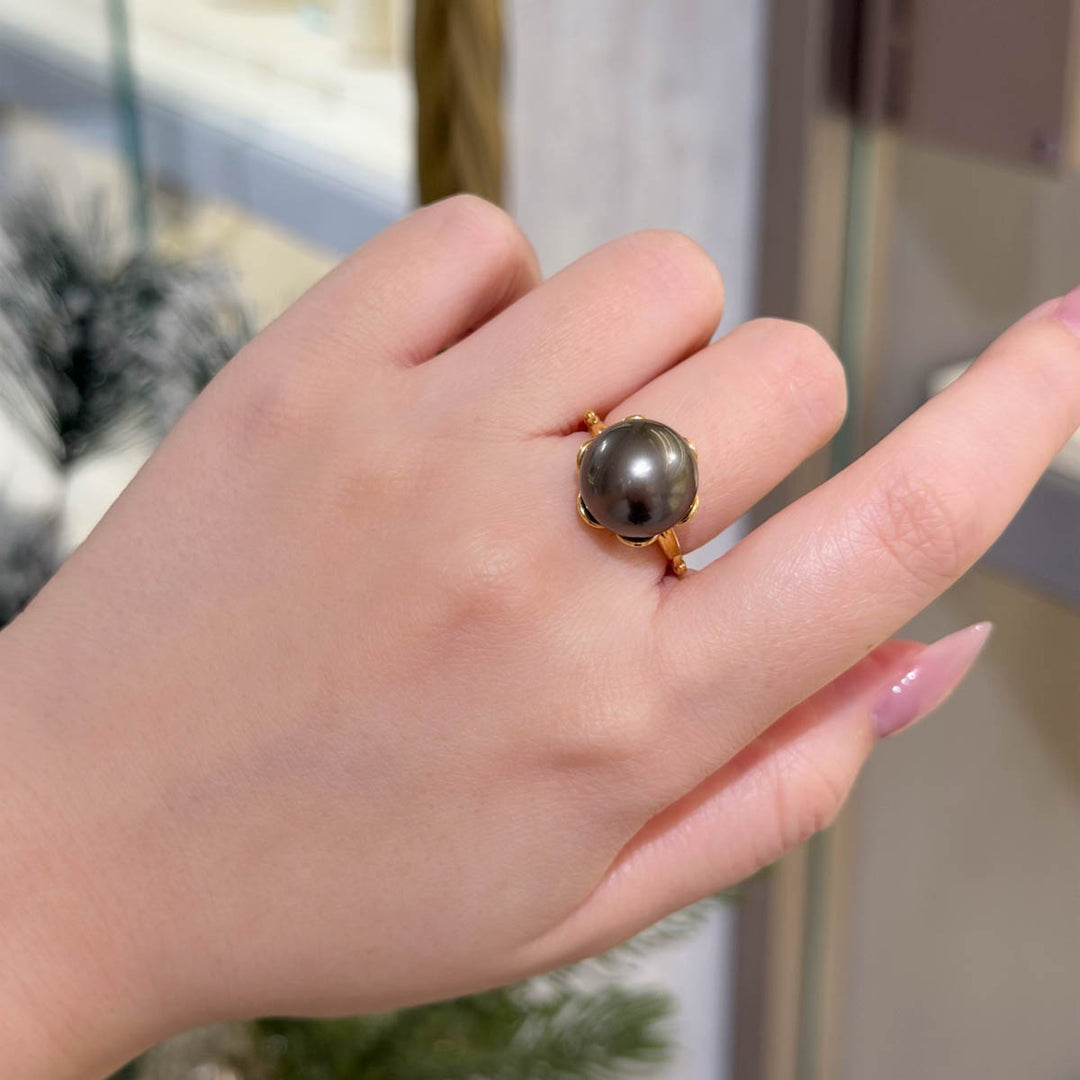 Natural Tahitian Black Pearl Diamond Ring 12.4mm,18K