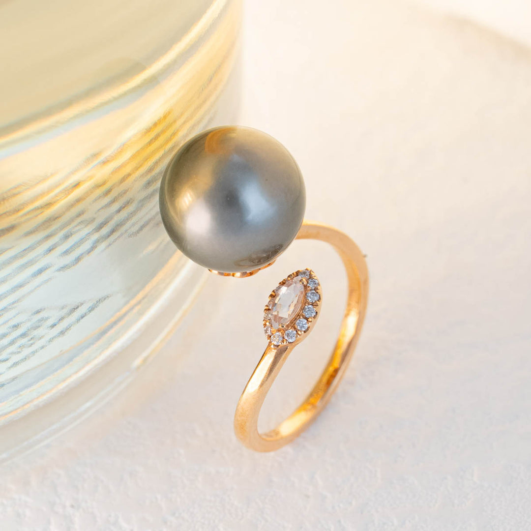Natural Tahitian Black Pearl Diamond Ring 12.2mm d0.06ct, 18K, with White Sapphire