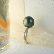 Natural Tahitian Black Pearl Diamond Ring 12.1mm d0.264ct, 18K