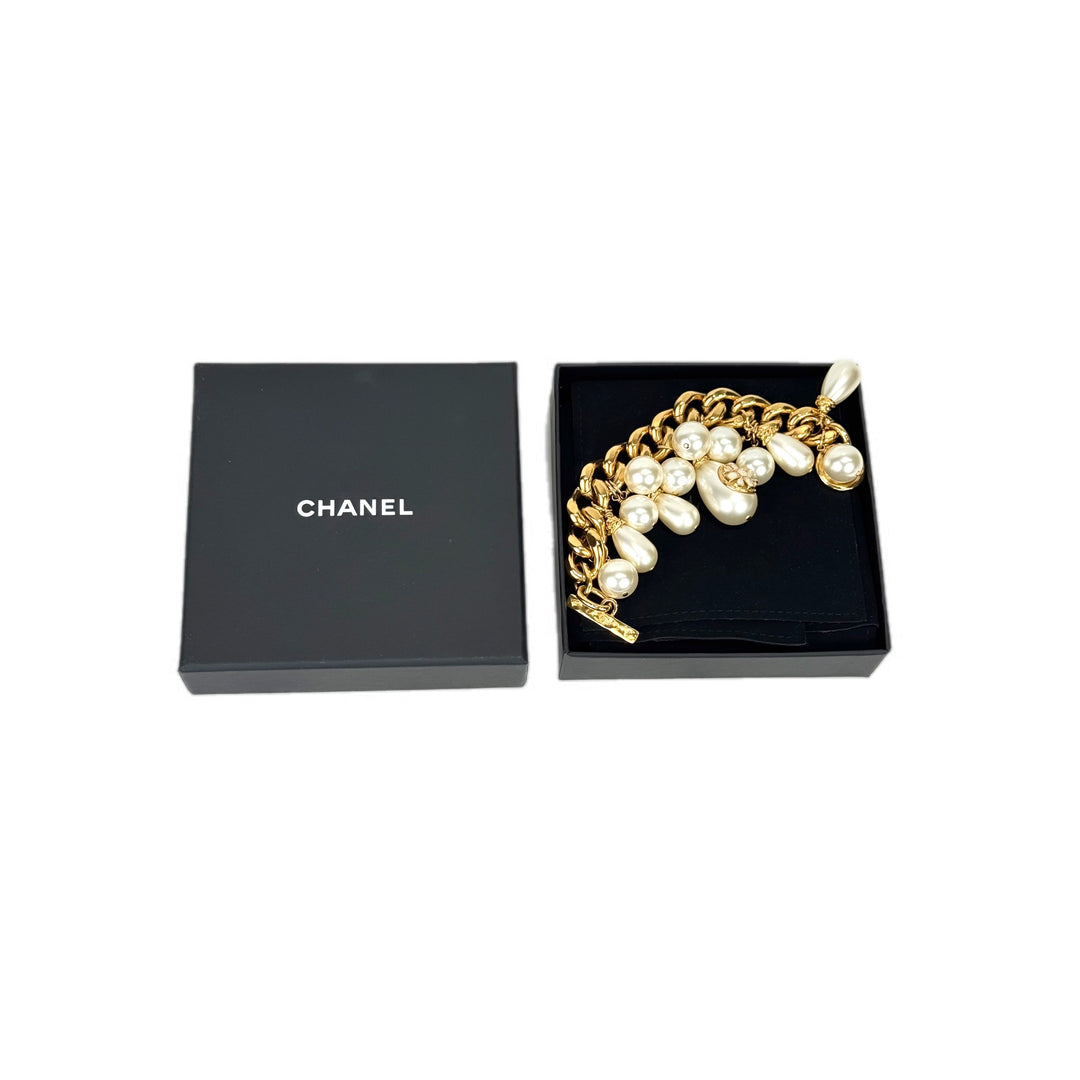 Chanel 20K Pearl Charm Cuff Gold Bracelet