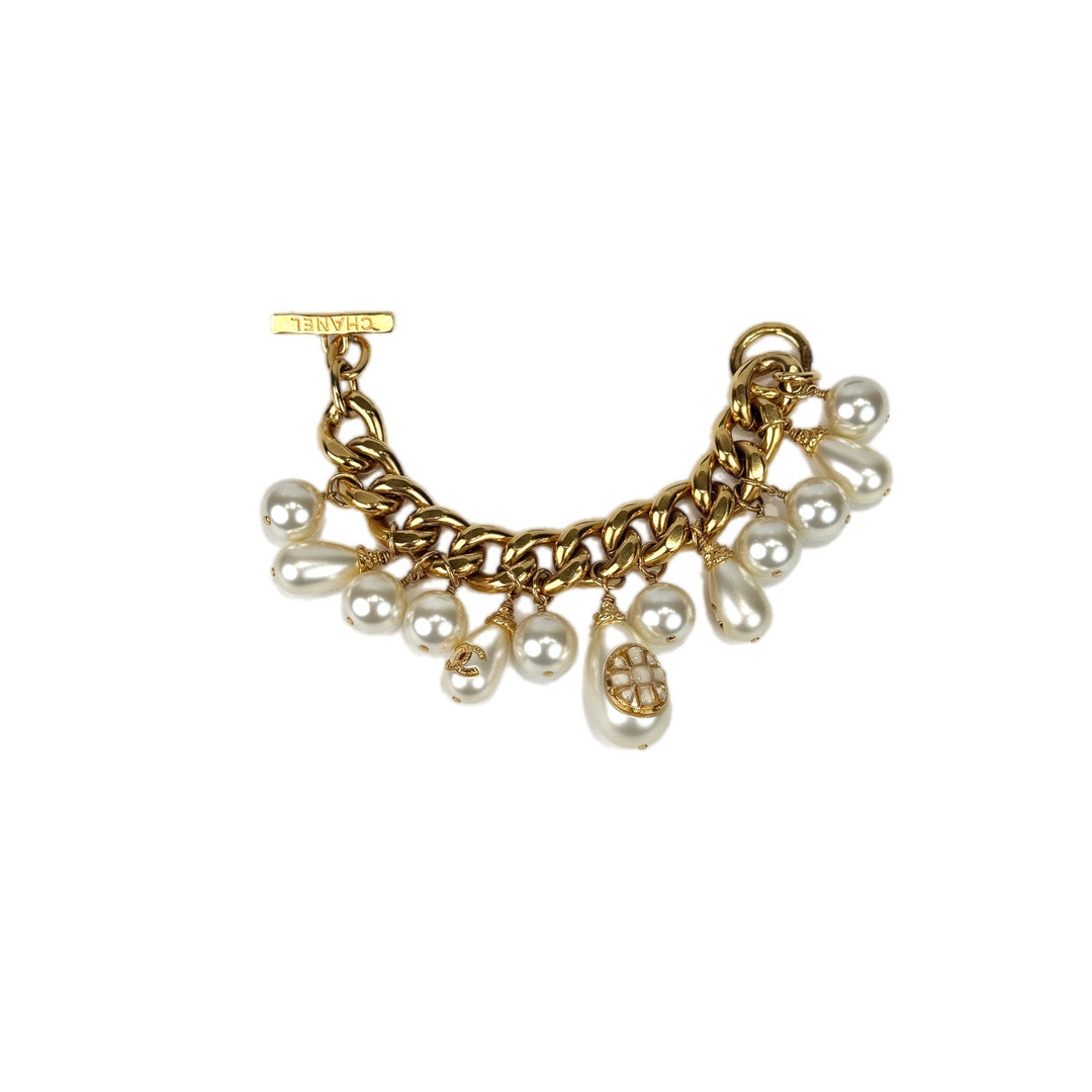 Chanel 20K Pearl Charm Cuff Gold Bracelet