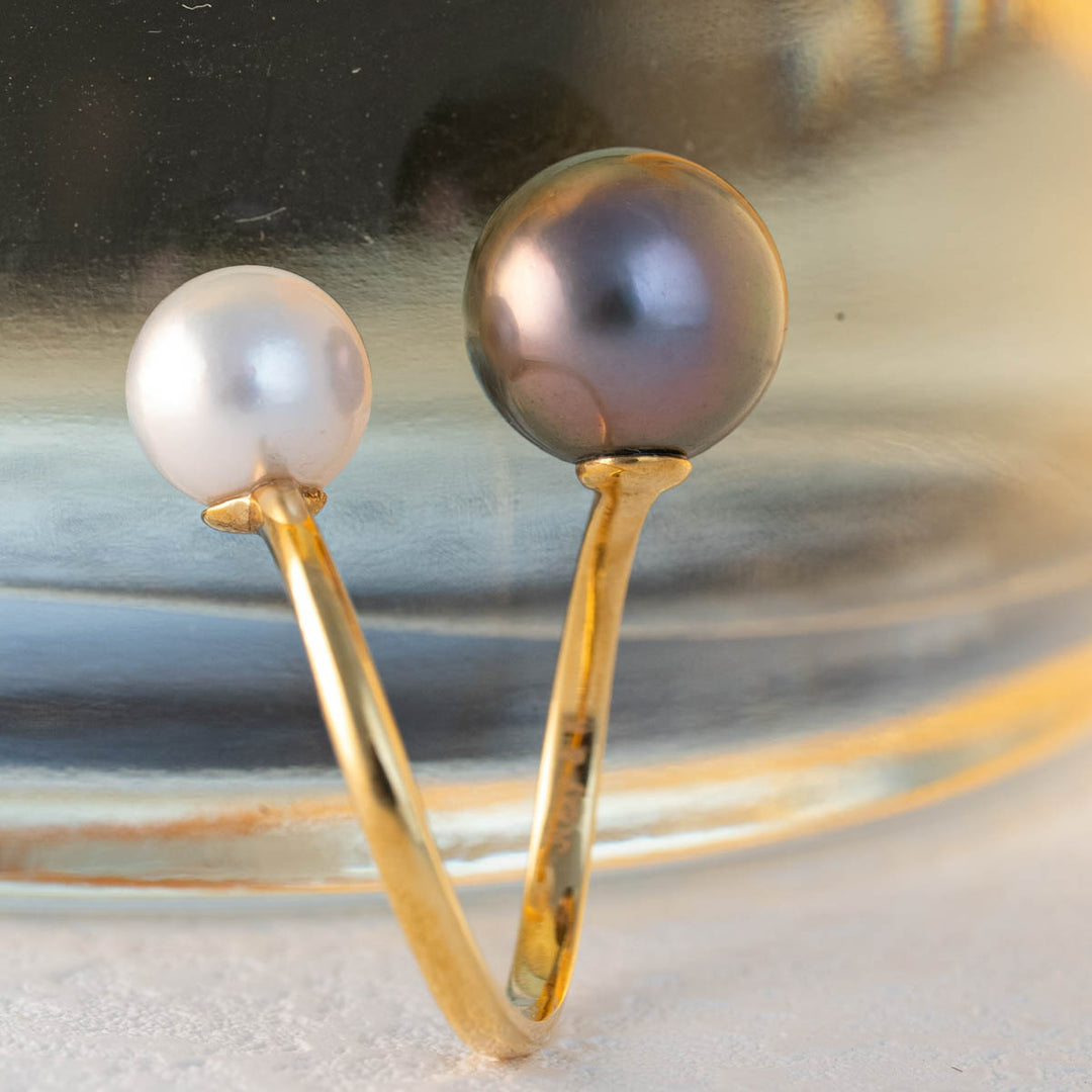 Natural Tahitian Black Pearl 10.4mm and Akoya 7.8mm Ring, 18K