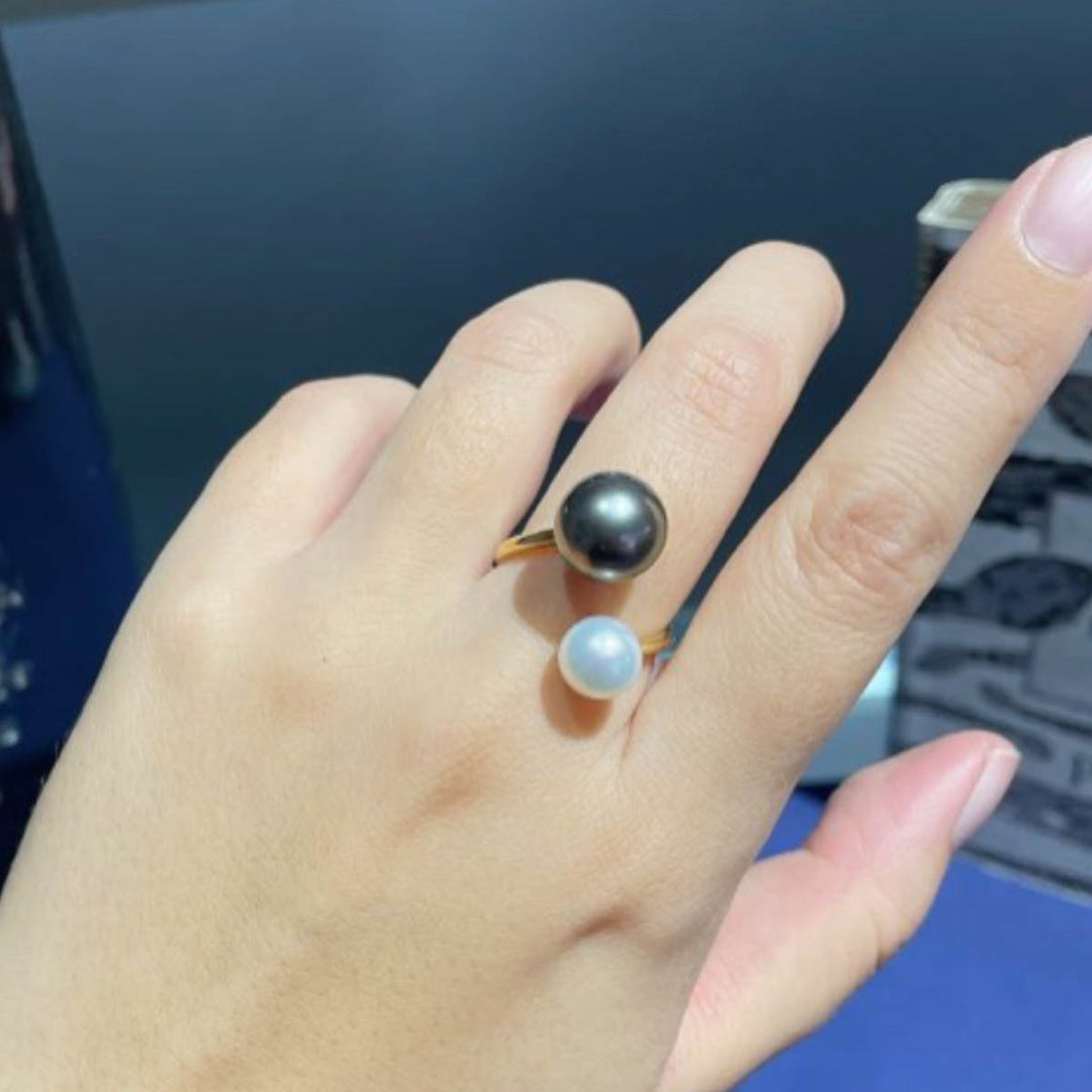 Natural Tahitian Black Pearl 10.4mm and Akoya 7.8mm Ring, 18K