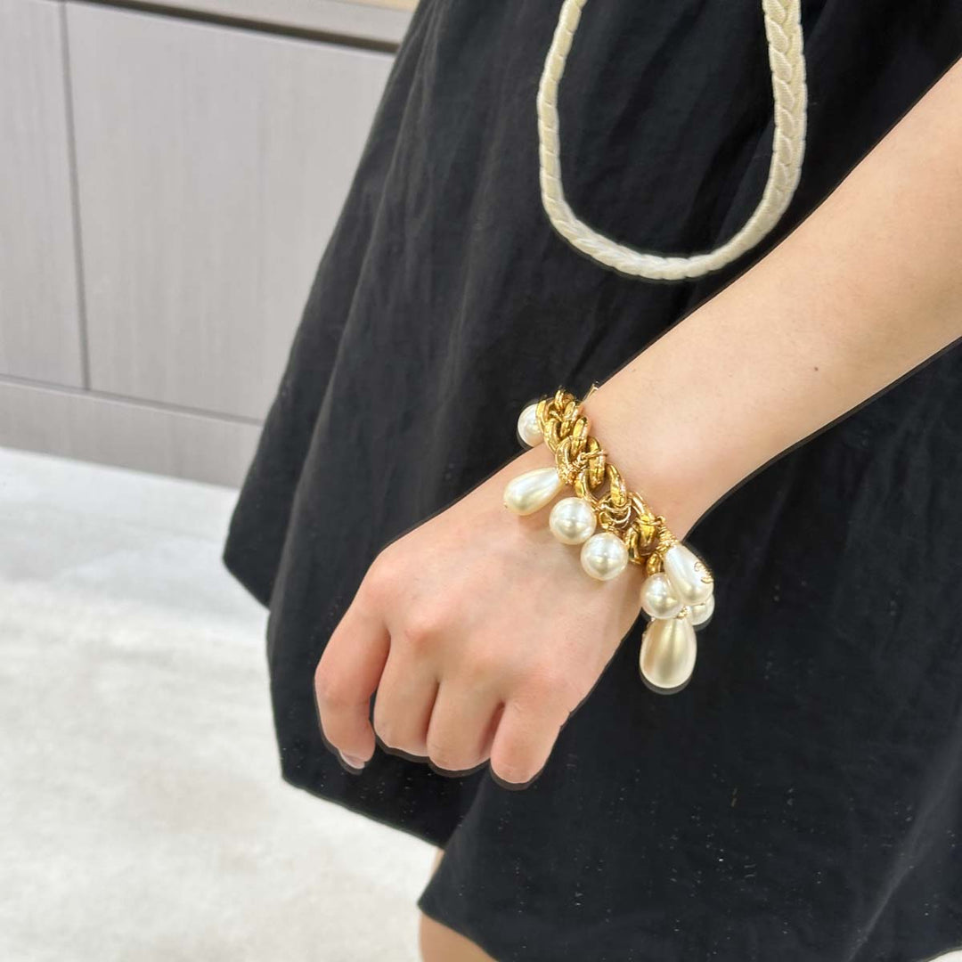 Chanel 20K Pearl Charm Cuff Gold Bracelet