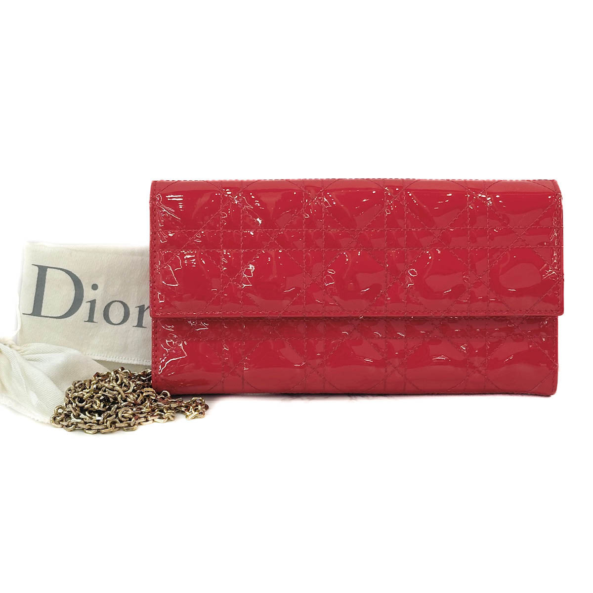 Dior Lady Long Wallet Patent Leather With Attachable Chain