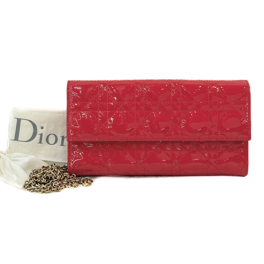 Dior Lady Long Wallet Patent Leather With Attachable Chain