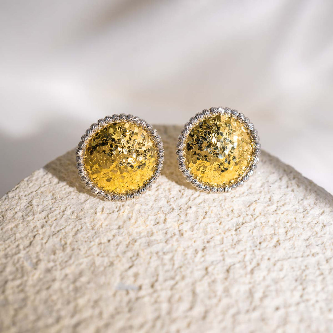 18K Solid Yellow+White Gold Stud Earrings, 3.06g