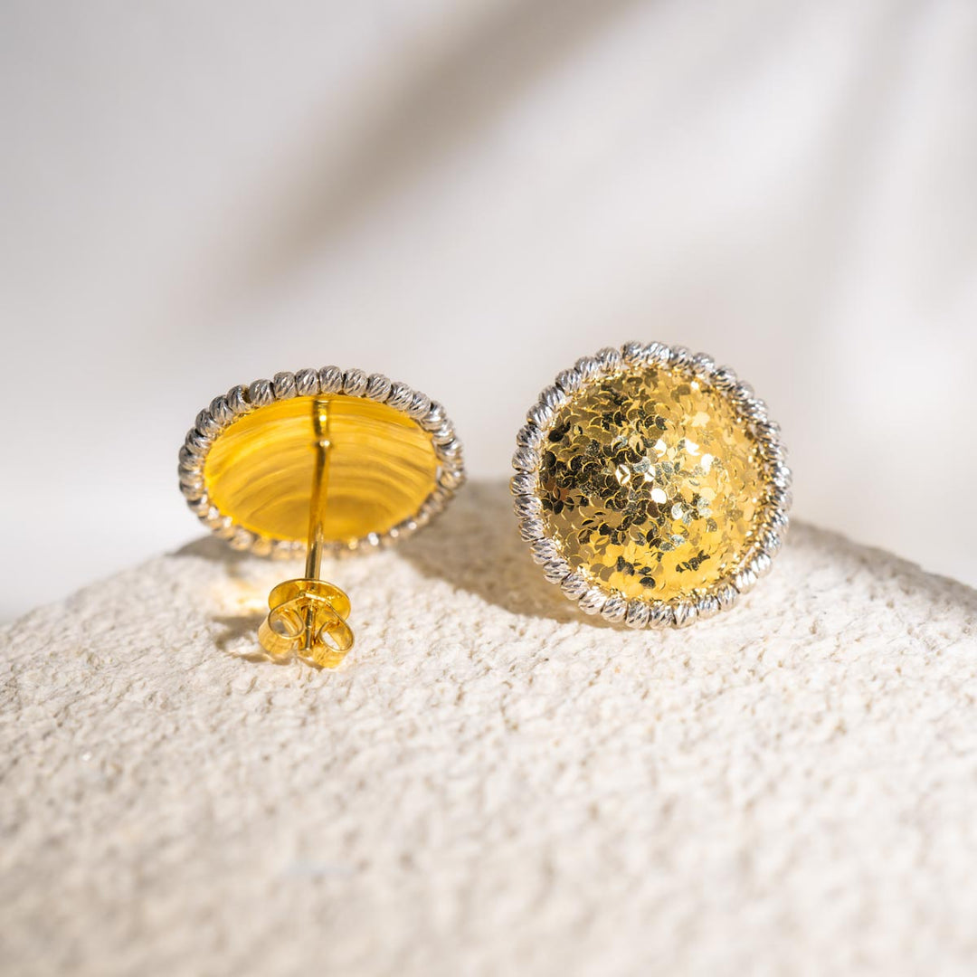 18K Solid Yellow+White Gold Stud Earrings, 3.06g