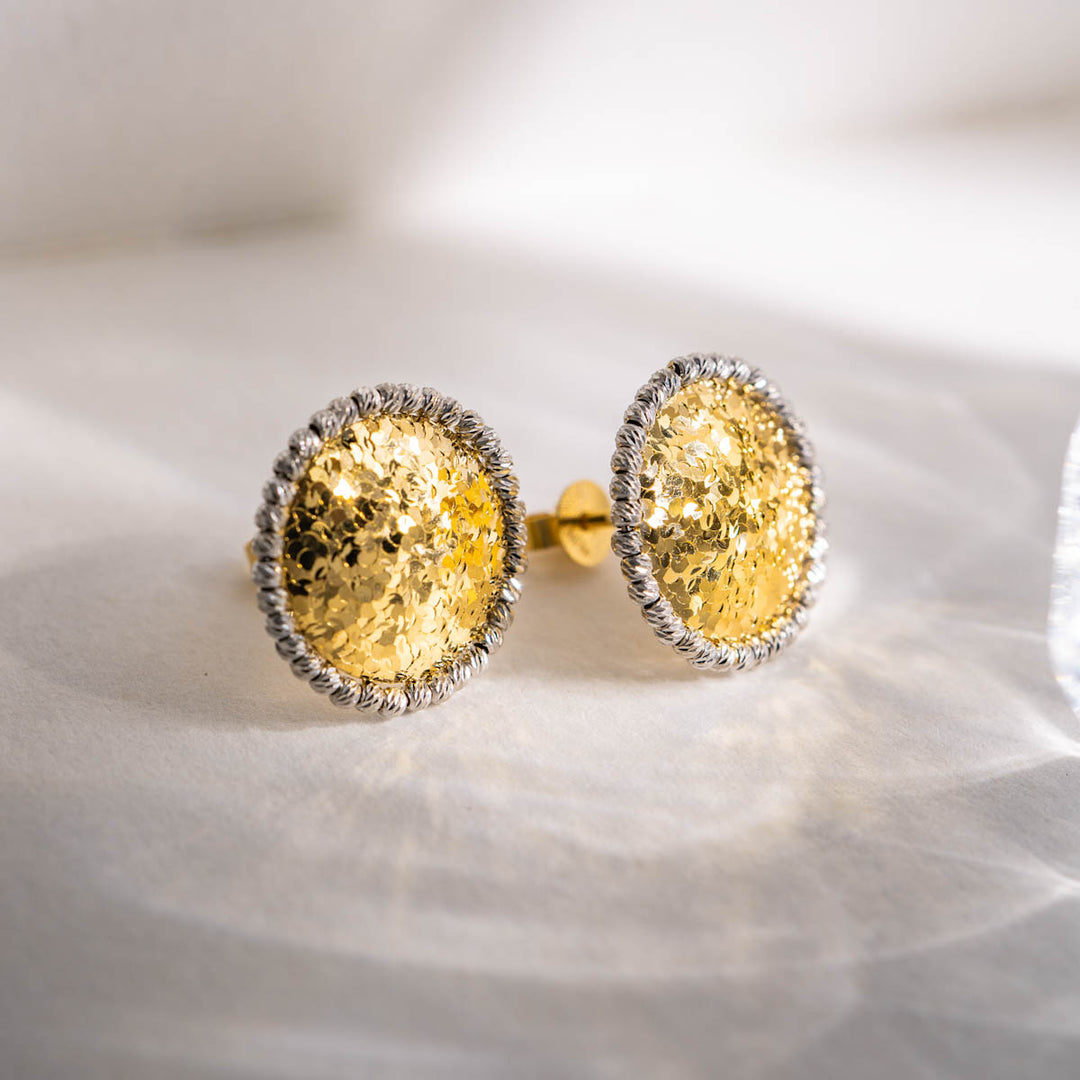 18K Solid Yellow+White Gold Stud Earrings, 3.06g