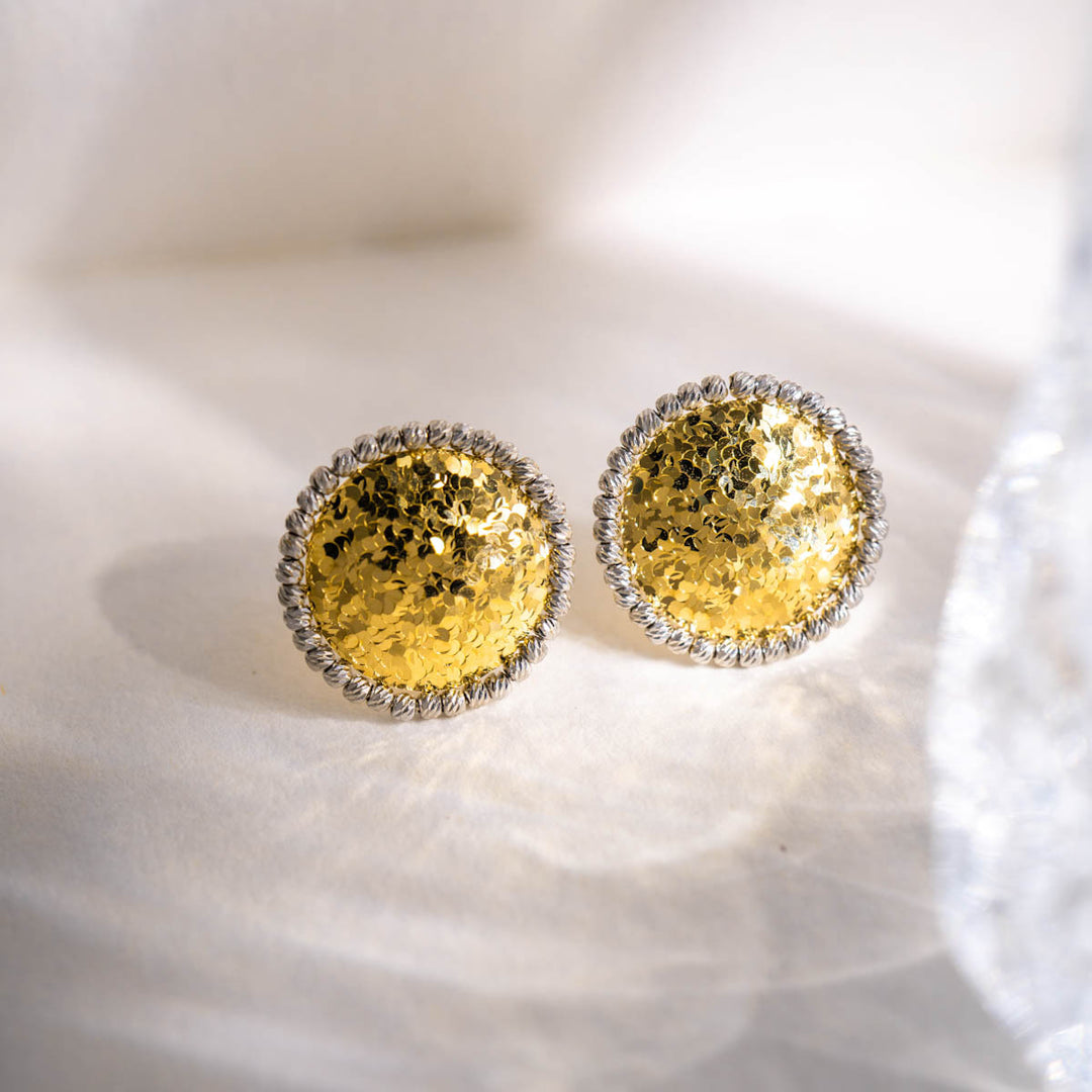 18K Solid Yellow+White Gold Stud Earrings, 3.06g