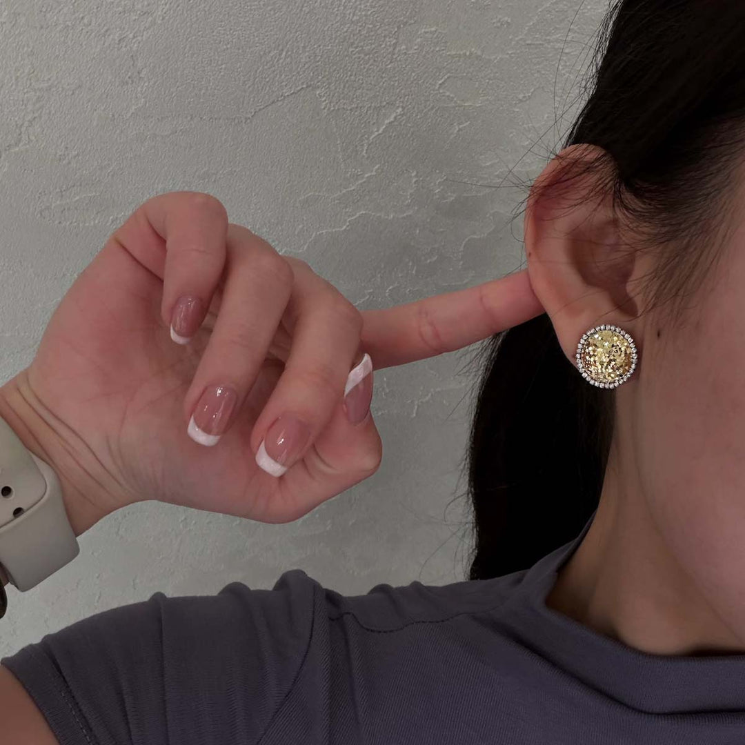 18K Solid Yellow+White Gold Stud Earrings, 3.06g