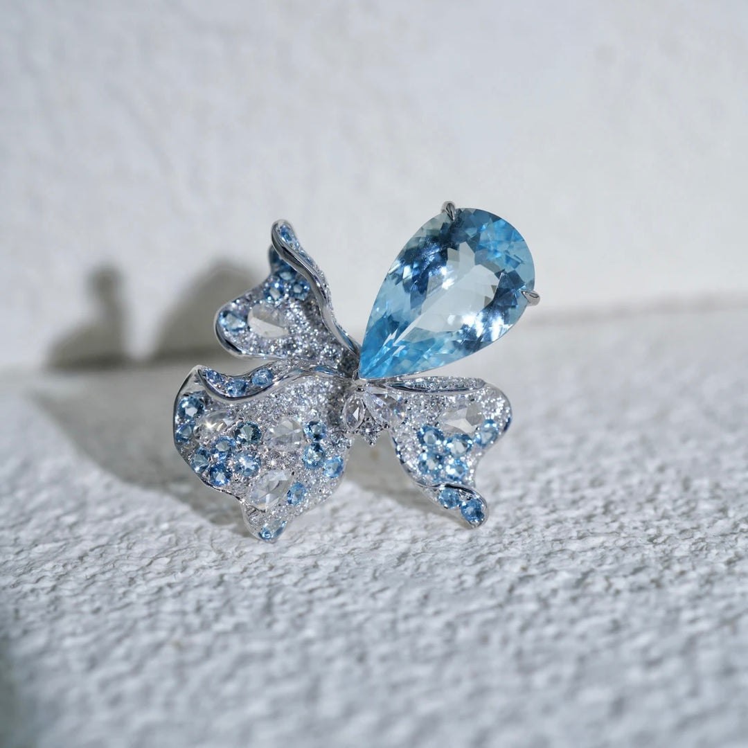 Natural Santa Maria Color Aquamarine Stone 3D Orchid Ring 4.84ct+0.782ct, Diamond 0.936ct 18K Gold GUILD