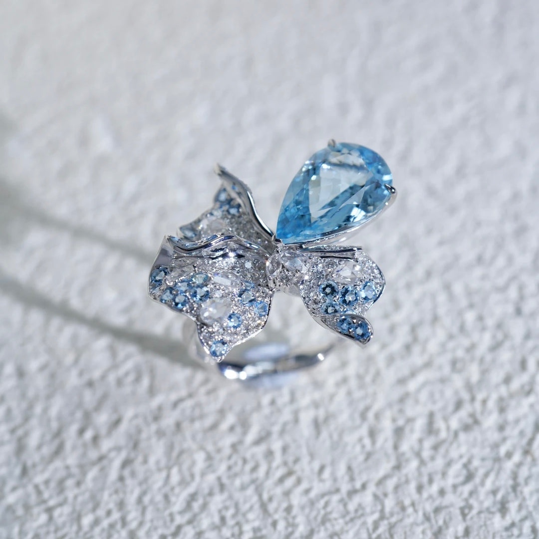 Natural Santa Maria Color Aquamarine Stone 3D Orchid Ring 4.84ct+0.782ct, Diamond 0.936ct 18K Gold GUILD