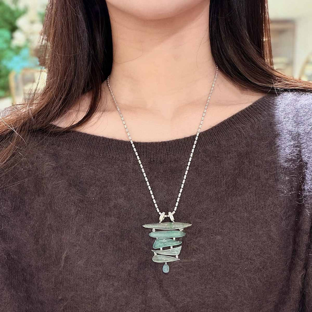 Natural White and Green Jade Stone Diamond Pendant 18K Gold