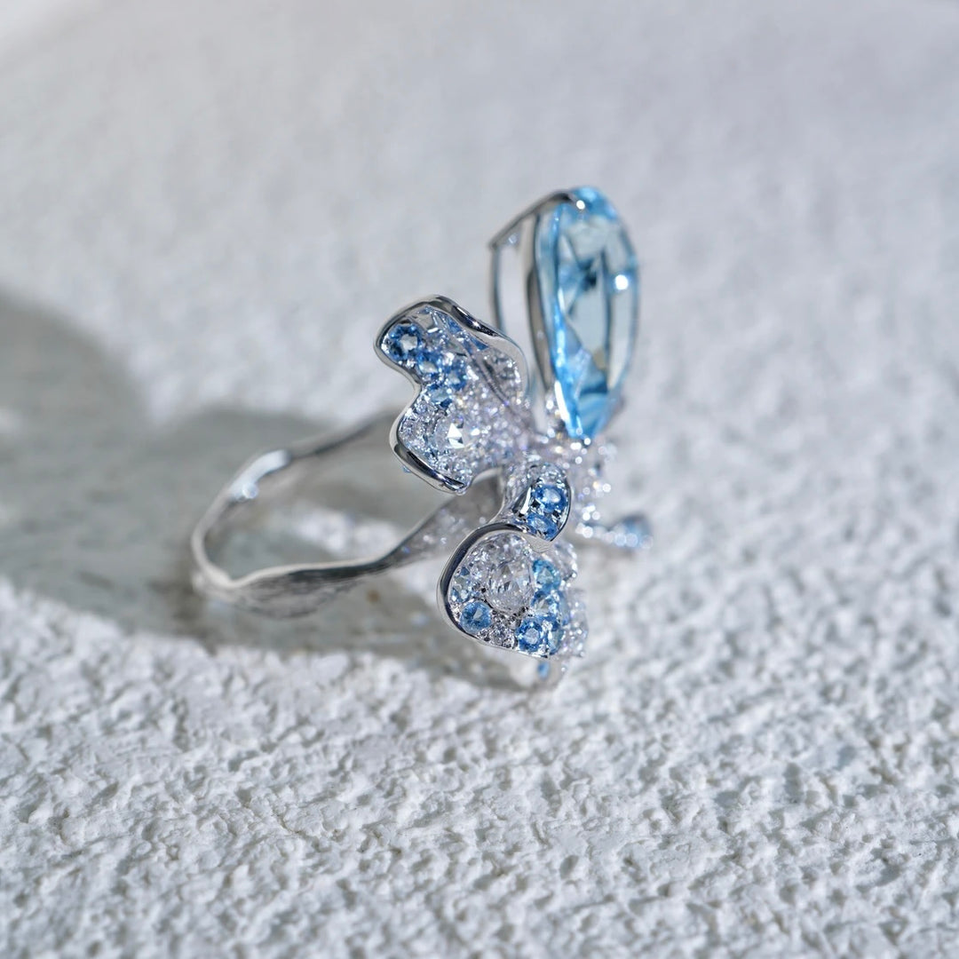 Natural Santa Maria Color Aquamarine Stone 3D Orchid Ring 4.84ct+0.782ct, Diamond 0.936ct 18K Gold GUILD