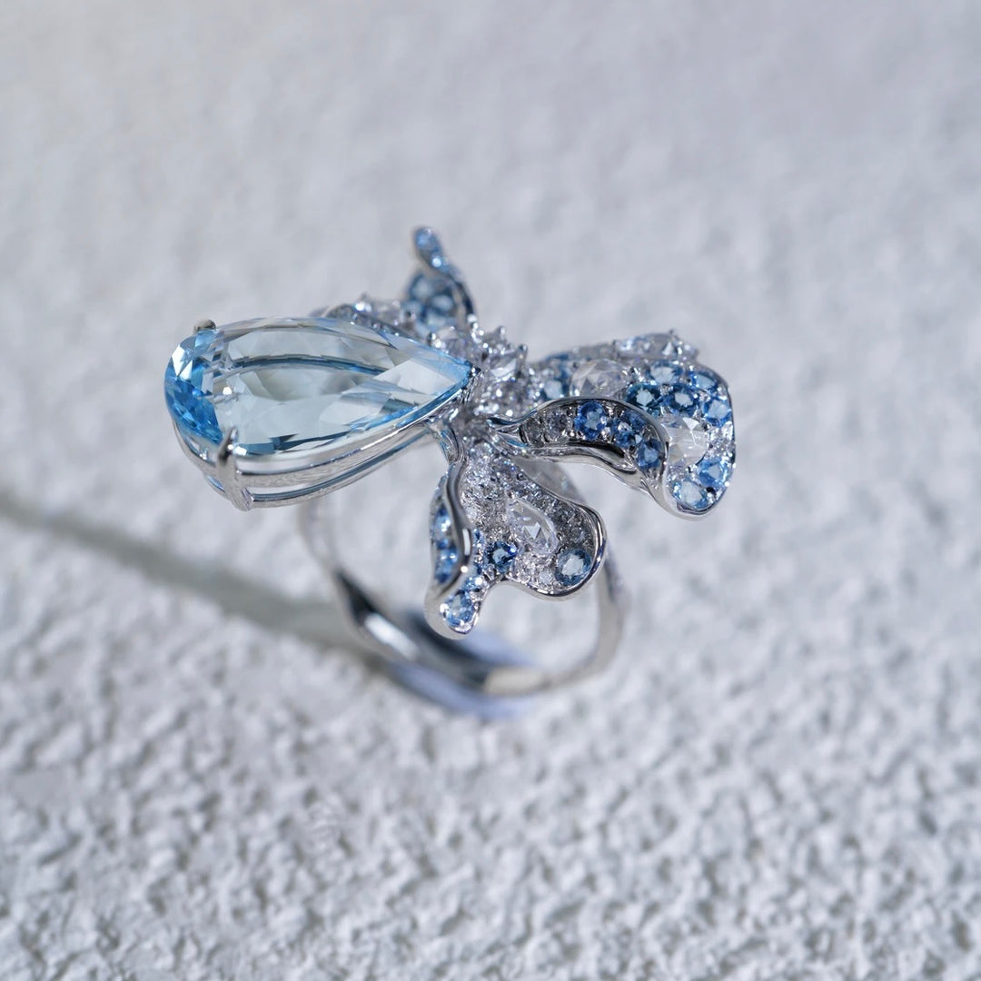 Natural Santa Maria Color Aquamarine Stone 3D Orchid Ring 4.84ct+0.782ct, Diamond 0.936ct 18K Gold GUILD