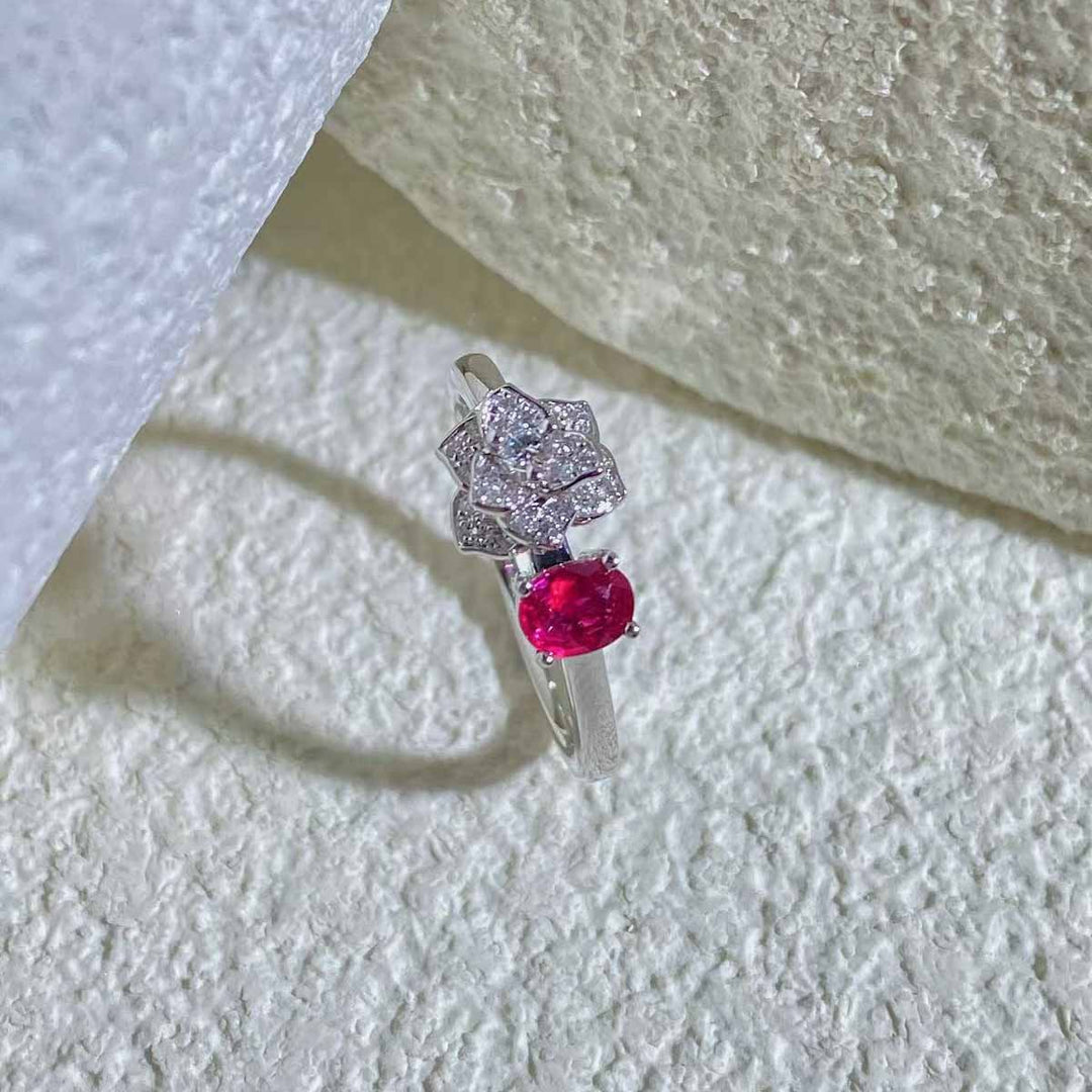 Natural Ruby Flower Diamond Ring D0.445ct d0.15ct. 18K Pigeon Blood