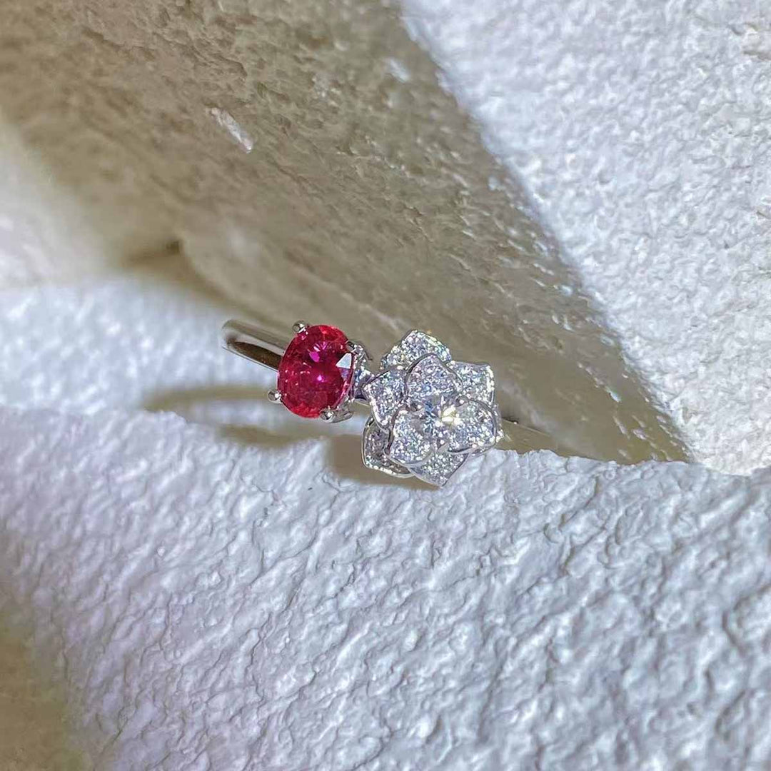 Natural Ruby Flower Diamond Ring D0.445ct d0.15ct. 18K Pigeon Blood