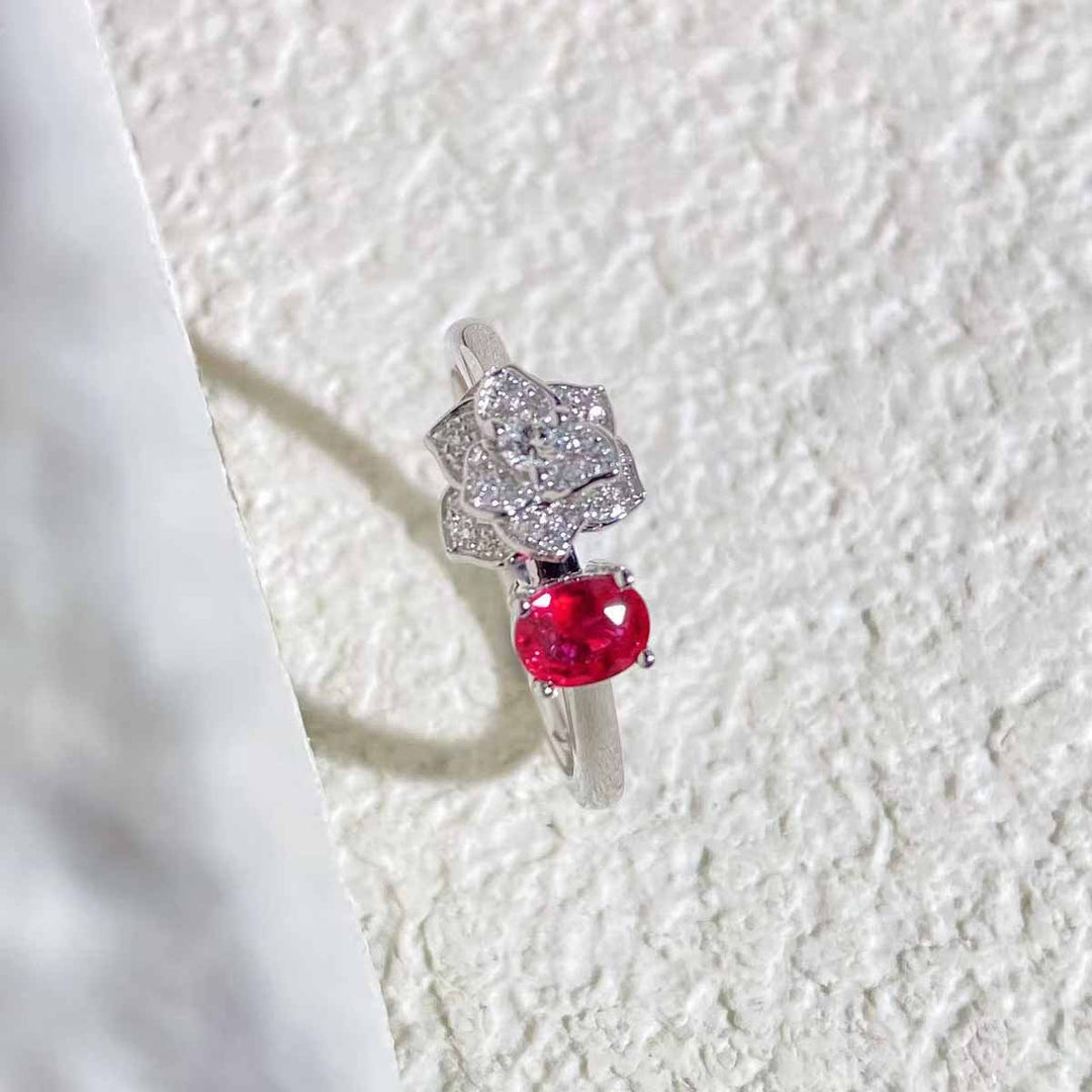 Natural Ruby Flower Diamond Ring D0.445ct d0.15ct. 18K Pigeon Blood