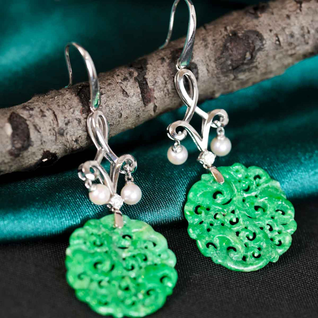 Burma Natural Green Carved Jade Earrings 21.1*2.3mm, 18K Gold
